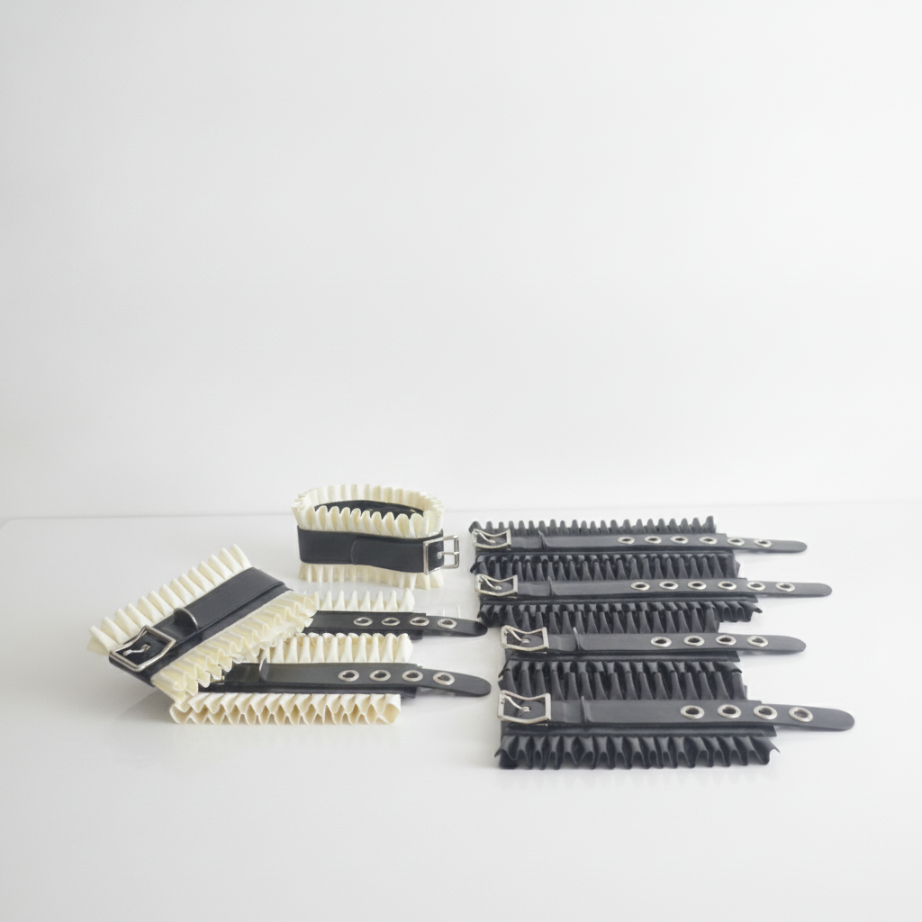 A set of black and white latex restraint cuffs with multiple rows of frills and metal eyelets, arranged on a plain white studio background.