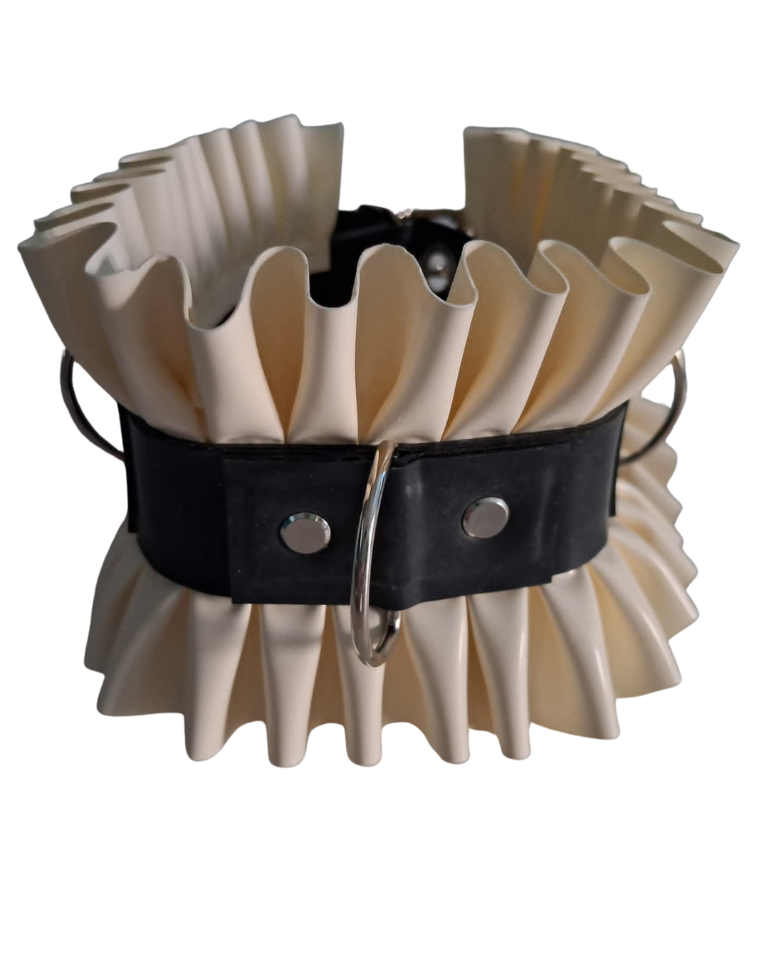 Decorative collar with frilled white latex and black latex strap on a white background