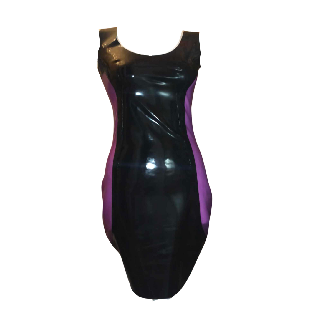 A black latex bodycon dress with translucent latex side panels.