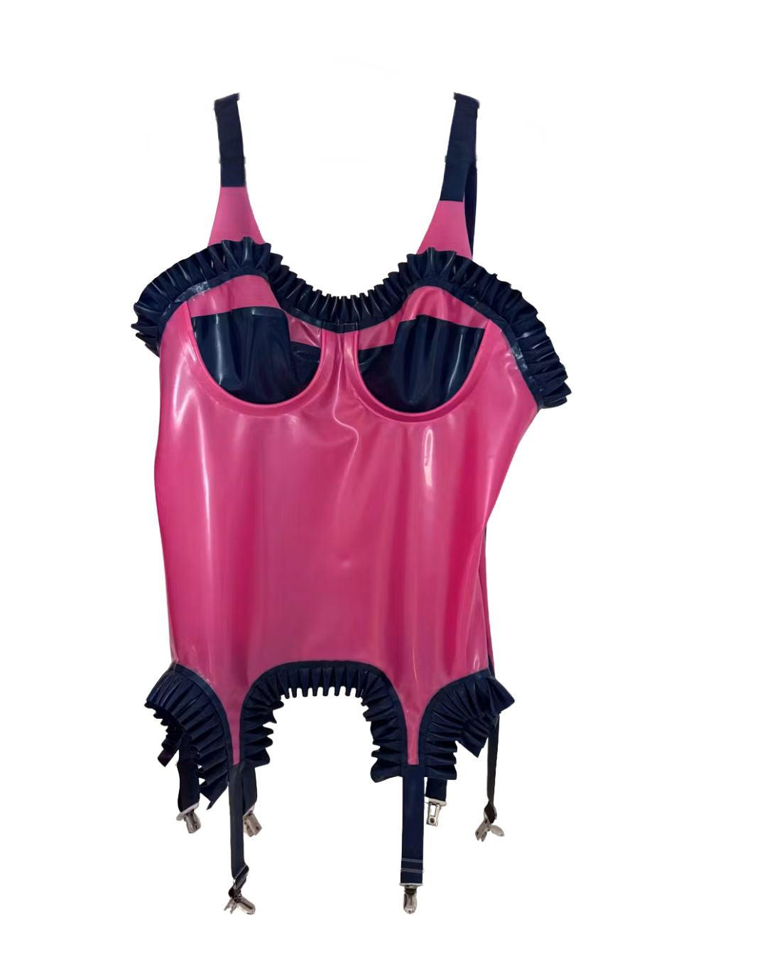 Pink latex lingerie set with dark blue ruffles and suspenders on a white background