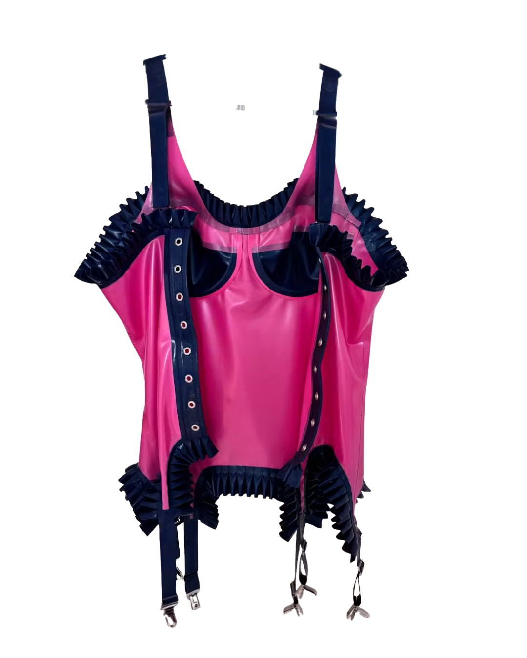Pink latex lingerie set with dark blue ruffles and suspenders on a white background