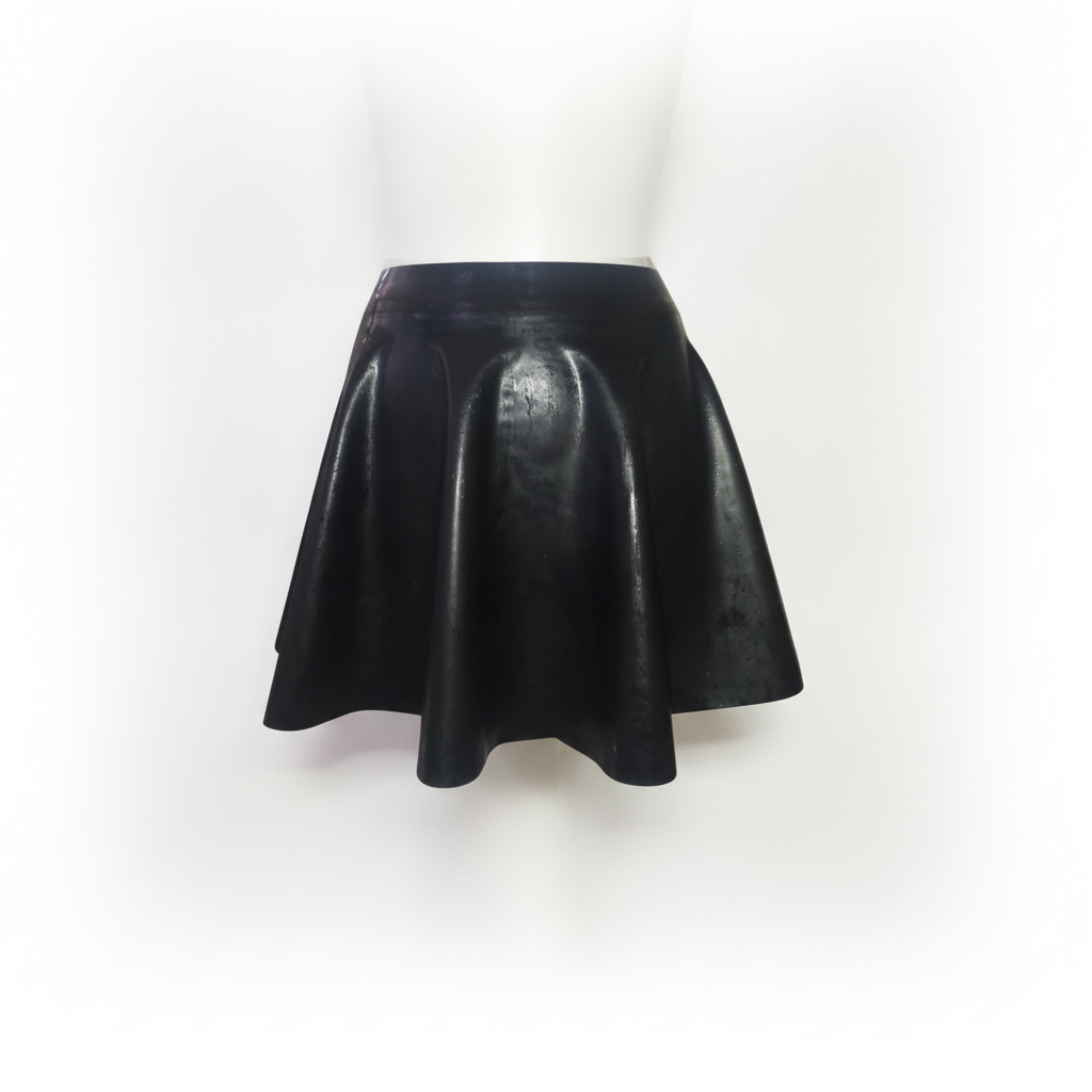 A black heavy rubber mini skirt displayed on a white mannequin torso against a white background.