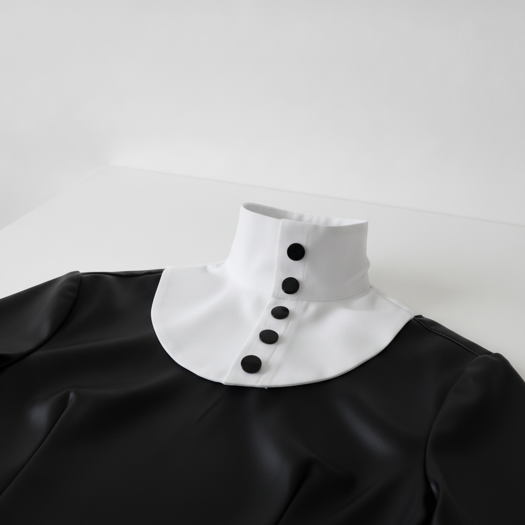 A close-up of a black garment with a contrasting white high mock neck collar featuring five black buttons down the front, displayed on a white mannequin torso against a clean white background.