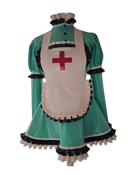 Nurse-themed latex costume with green dress, white apron, and red symbol on a white background