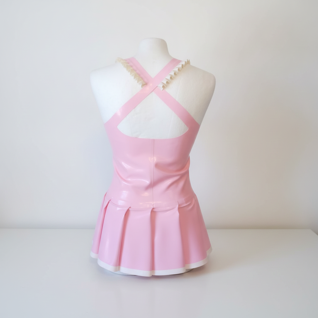 A glossy light pink latex halter dress with crisscrossed straps and a pleated skirt, displayed on a white mannequin torso against a plain off-white background.