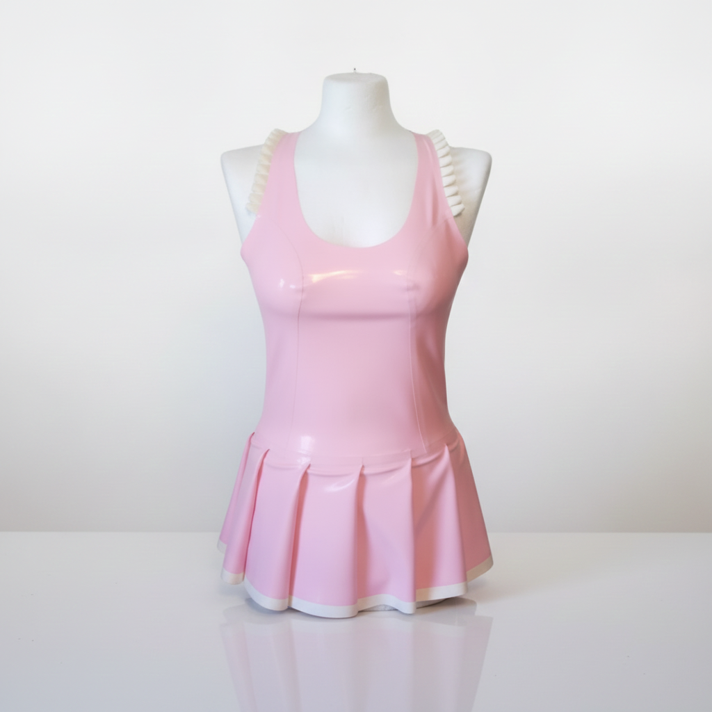 A pink latex sleeveless top with a pleated skirt-like hem and cream ruffled shoulder straps, displayed on a white mannequin torso against a plain white background.