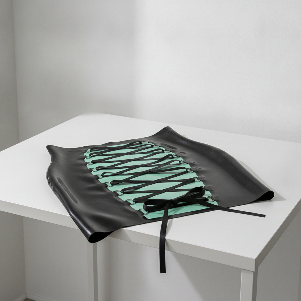 A black latex corset-style skirt with a mint green lace-up panel and black laces, displayed on a white table against a white wall.
