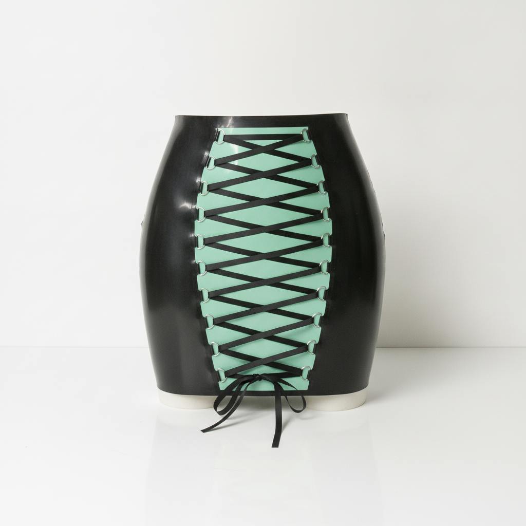 A glossy black latex skirt with a mint green front panel featuring a black crisscross lace-up design, set against a plain white background.