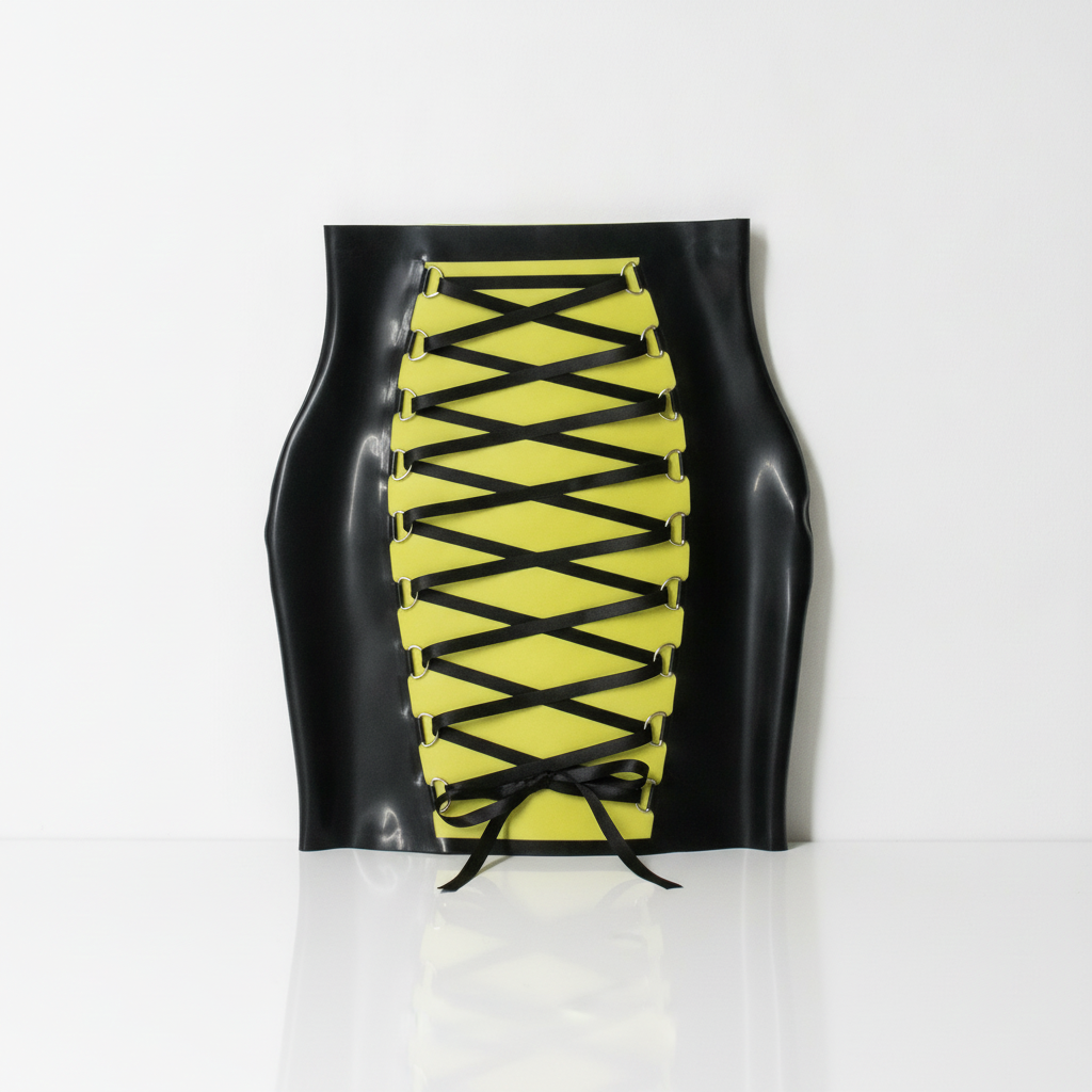 A black glossy latex skirt with a bright yellow front panel and black lace-up detailing, displayed on a white reflective surface against a white background.