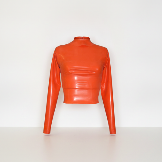 orange long sleeve latex top against a white background.