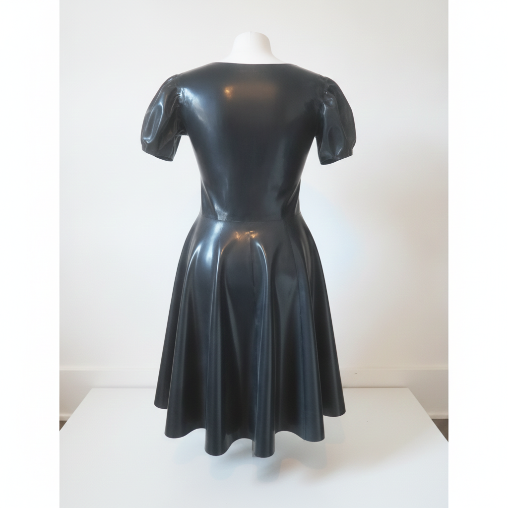 Back of a black latex puff sleeve dress.