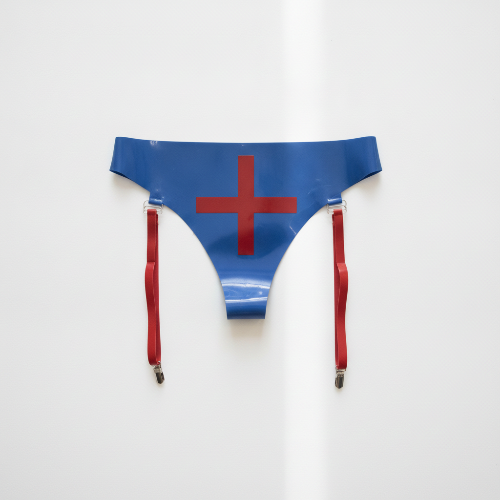 Blue glossy thong-style underwear with a red cross on the front and red suspender straps with metal clips, displayed against a plain white wall.