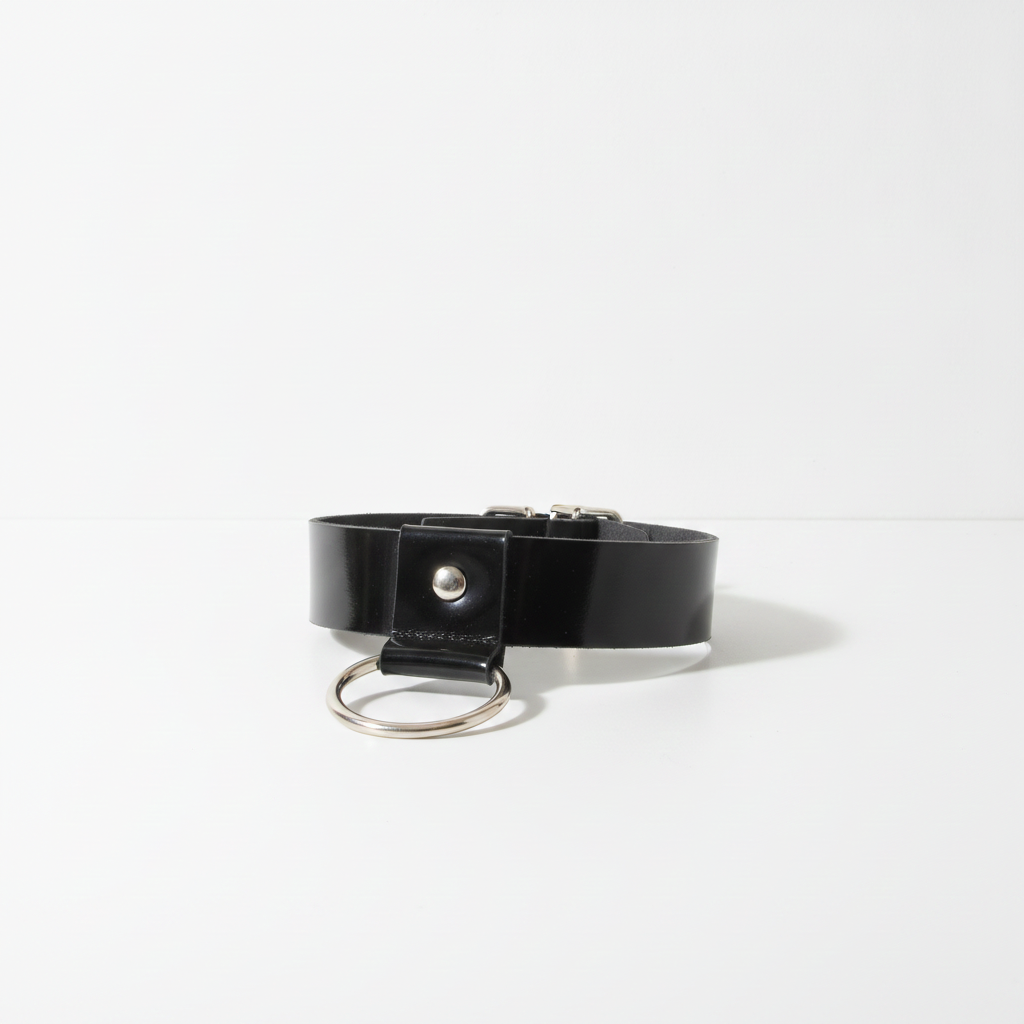 A glossy black latex collar with a silver-tone metal ring and buckle, displayed on a clean white background.