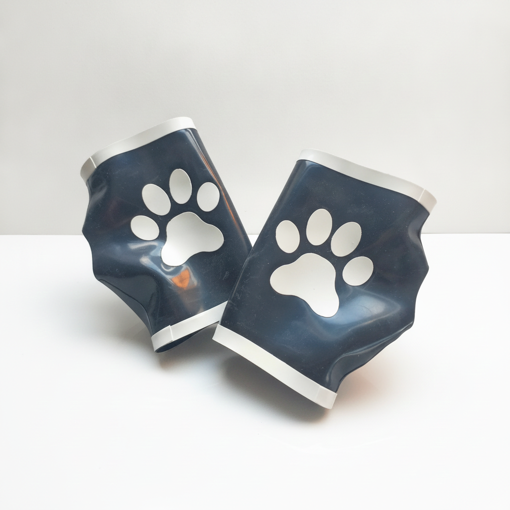 Two black latex fingerless gloves with white paw print appliques, displayed on a clean white surface against a light grey background.