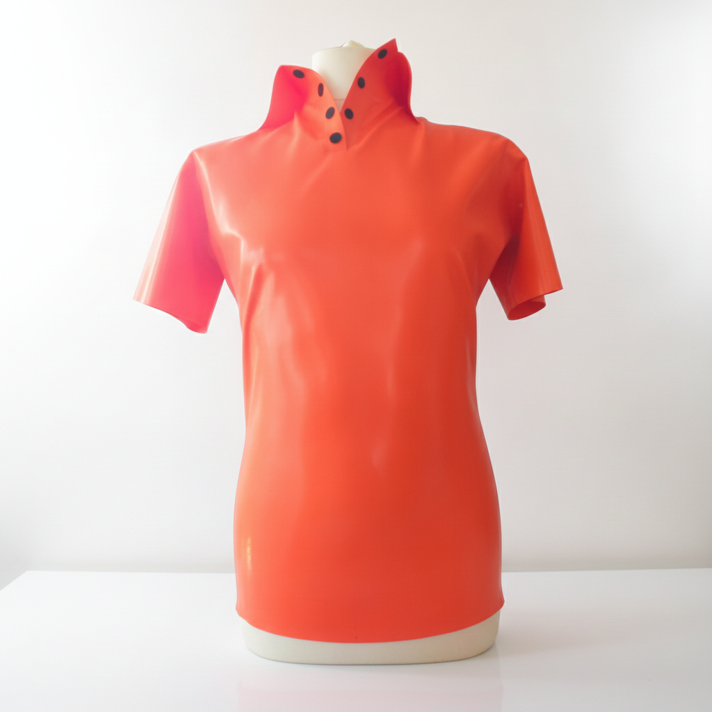A bright orange short-sleeve latex top with a high structured collar and black decorative buttons, displayed on a cream mannequin torso against a plain white background.