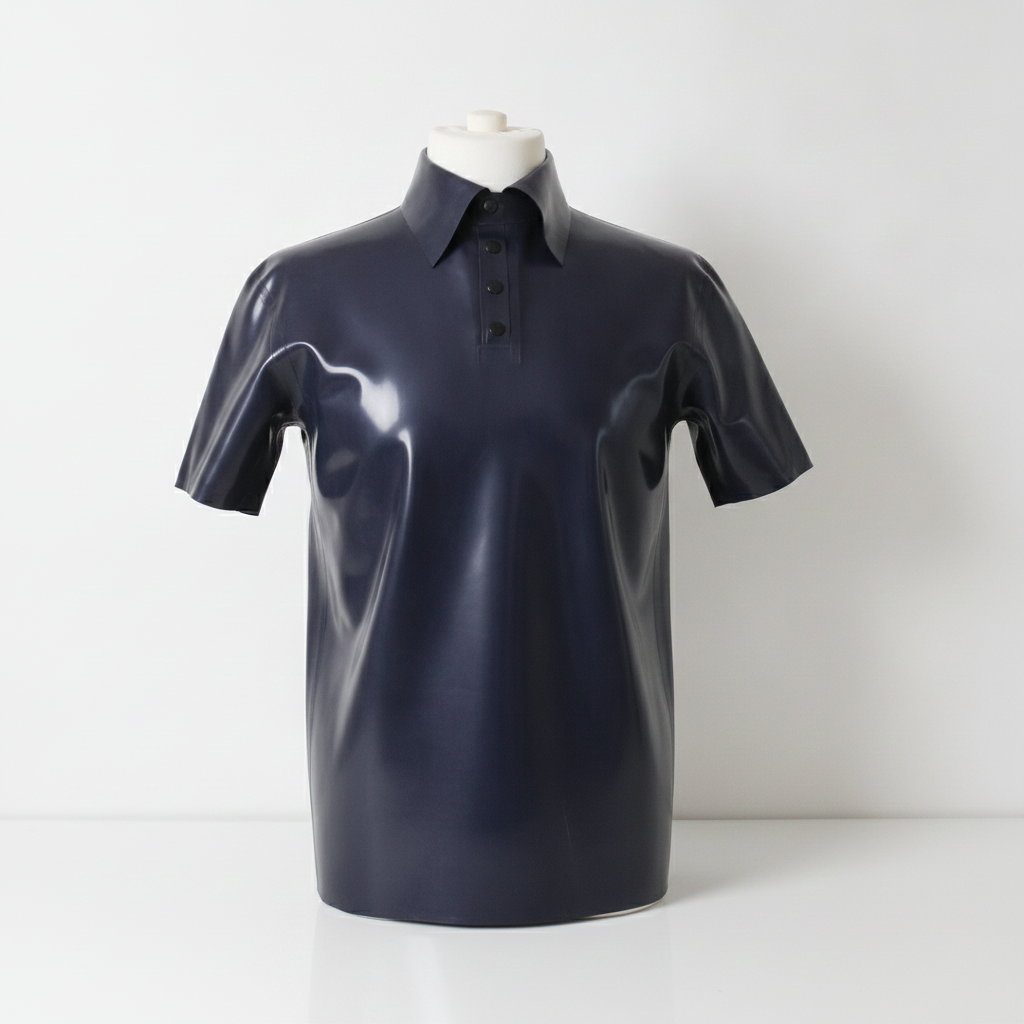 A glossy latex short-sleeve polo shirt in dark navy blue, displayed on a white mannequin torso against a clean white studio background.