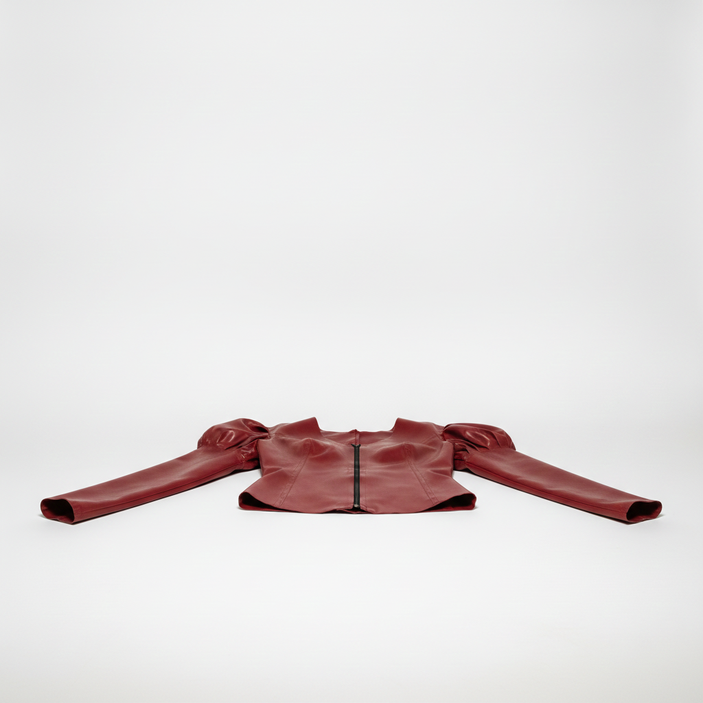 A red latex jacket with dramatic puffed sleeves and a front zipper, laid flat against a clean white studio background.