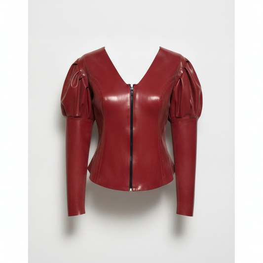 A dark red latex jacket with dramatic puffed sleeves, a V-neckline, and a central black zipper, displayed on a neutral light grey background