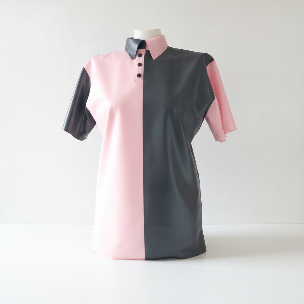 A short-sleeve collared latex shirt dress displayed on a mannequin against a plain white studio background. The garment is vertically split into two contrasting panels: light pink on the left and black on the right, with a three-button placket and a matching collar.