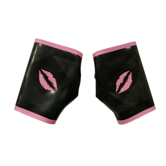 A pair of black latex fingerless gloves with pink trim and a kiss lips applique.