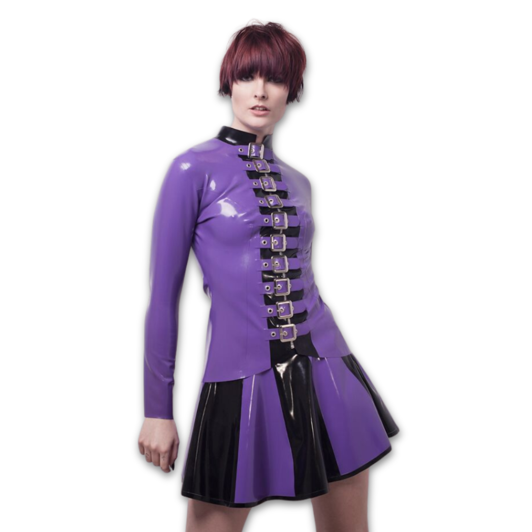 A long sleeved violet latex jacket with a black mandarin collar. The black centre panel is fastened with a silver coloured zip. The main focus of this latex jacket are the row of straps down the torso.