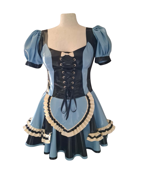 A blue and black latex corset-style dress displayed on a headless mannequin torso against a plain white background.