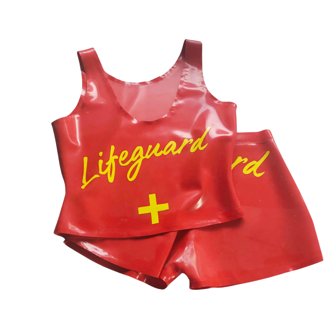 Red latex sleeveless top and shorts set. Lifeguard text applique detailing. 