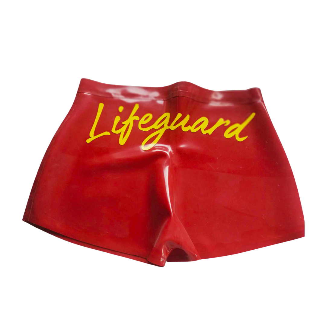 Red latex shorts with yellow lifeguard text applique.