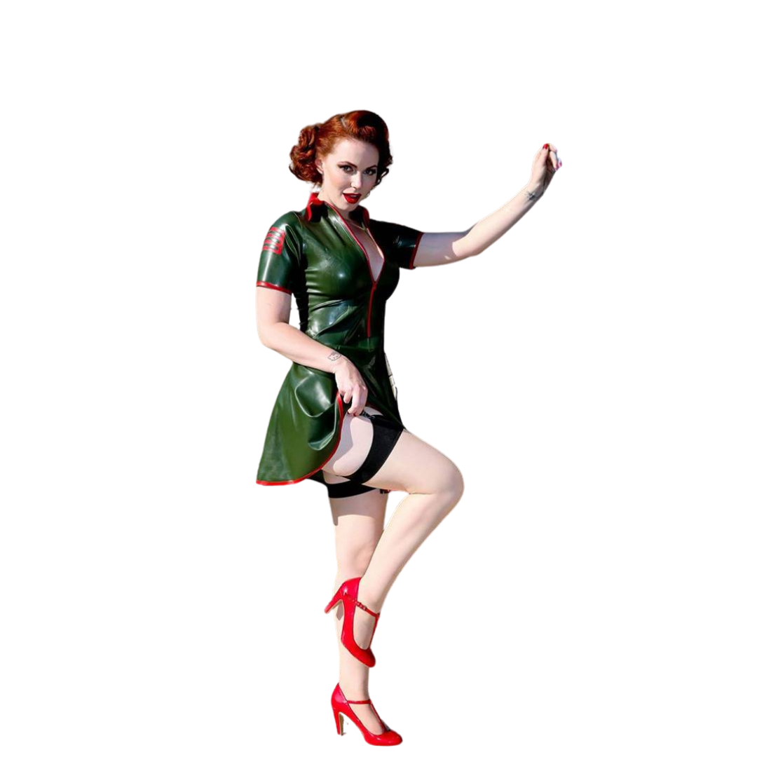 Olive latex military swing dress with short sleeves and red trim detail.