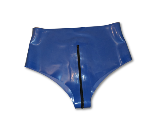 A pair of mid blue latex knickers with a black zip opening.