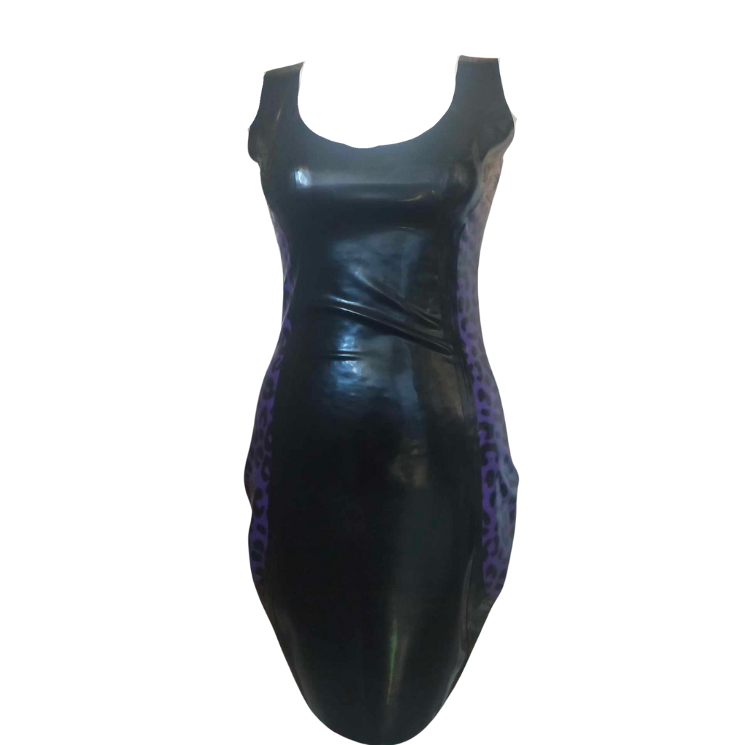 A black latex bodycon dress with violet leopard print side panels.