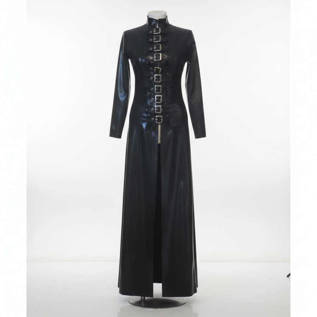 A long black latex coat displayed on a mannequin against a white studio background. The coat features a high mock neck, long sleeves, a front slit, and a vertical row of silver rectangular buckle details down the centre front.