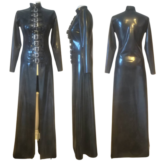 Mans Long Latex Coat with silver coloured buckles and zip front opening.