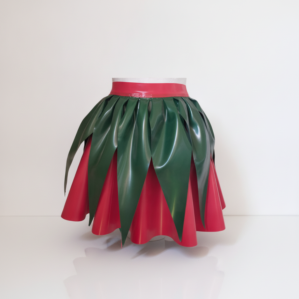 A latex skirt with glossy dark green leaf-like panels layered over a bright red flared base, displayed on a white mannequin torso against a clean white studio background.