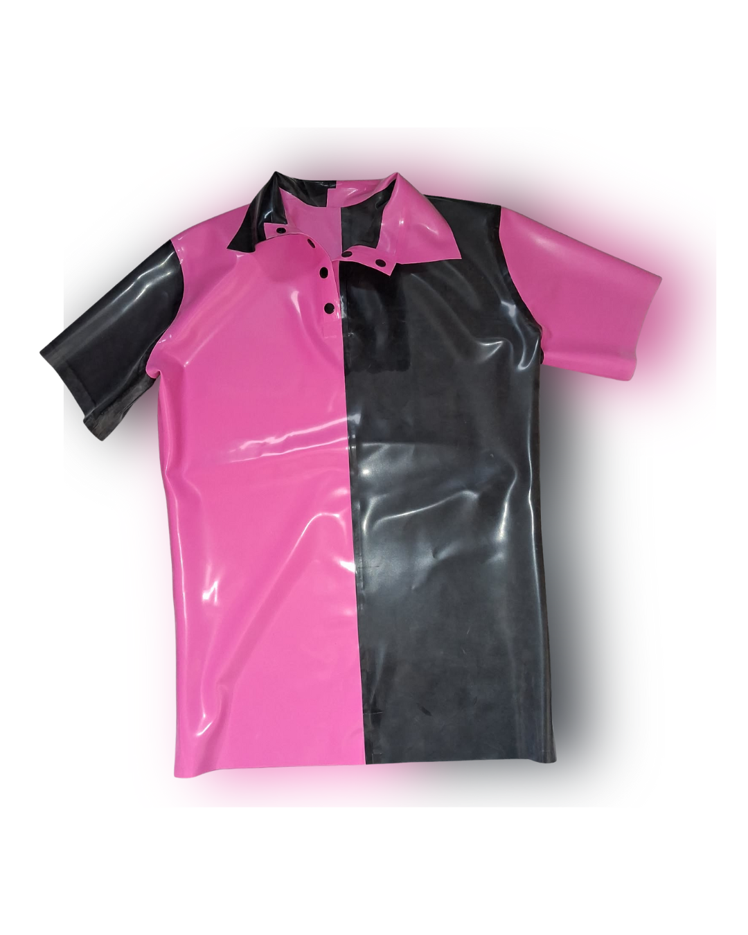 Bubble gum pink and black wo tone latex polo shirt.