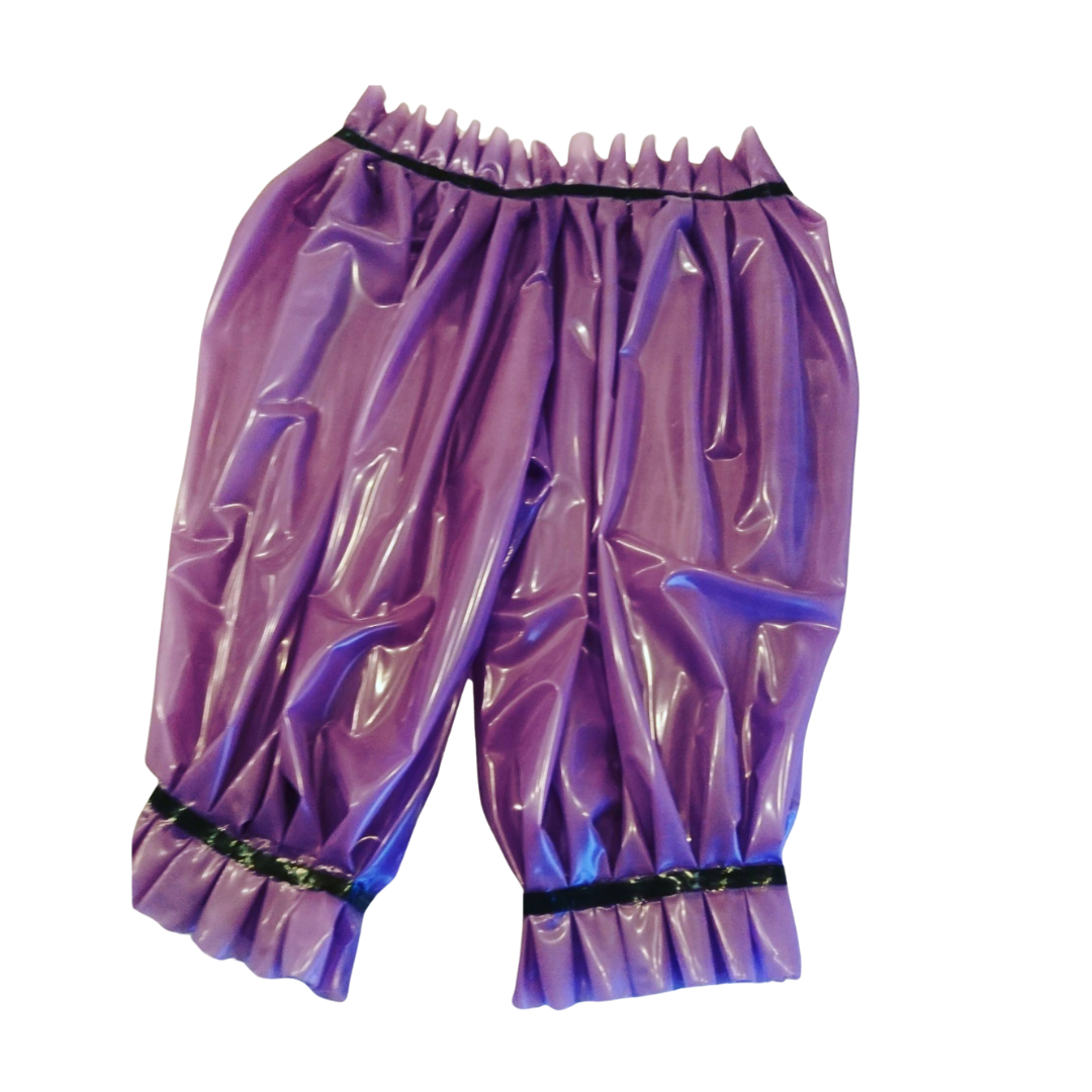 A pair of translucent purple latex bloomers with black trim detailing.