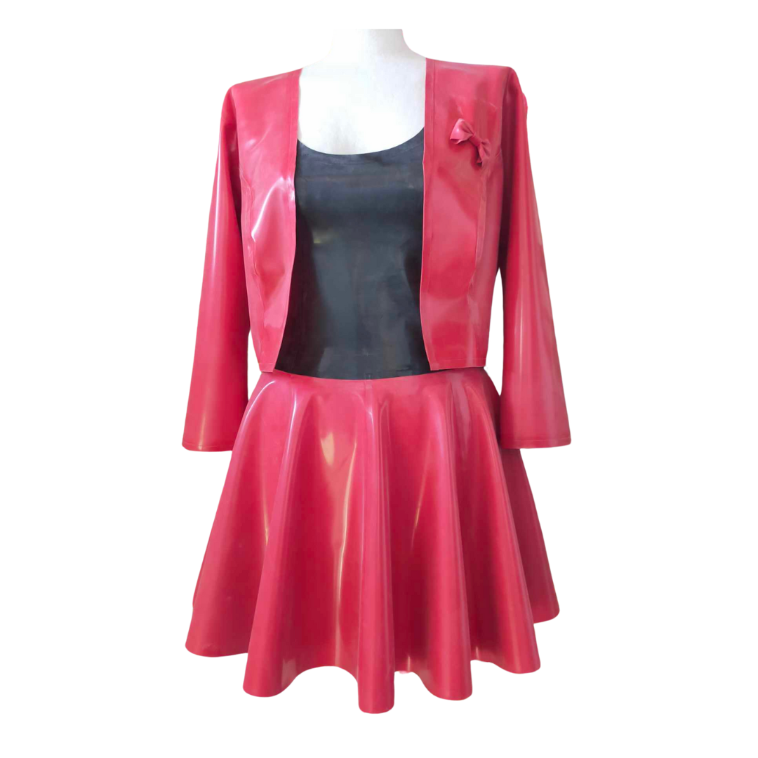 A red latex bolero jacket with matching bow detail on the left side. It is shown with a black and red swing dress.