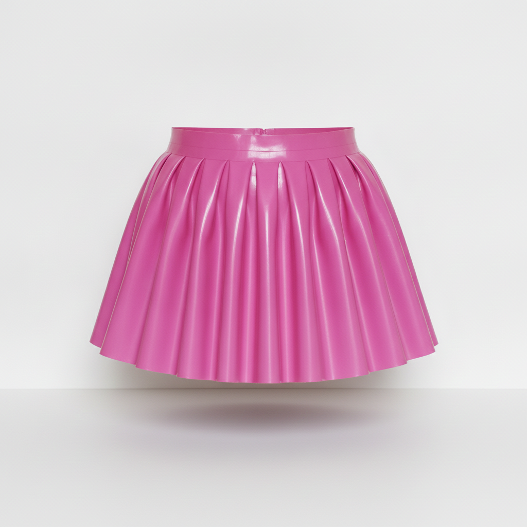 A bright pink pleated latex mini skirt, shown floating against a clean white background.