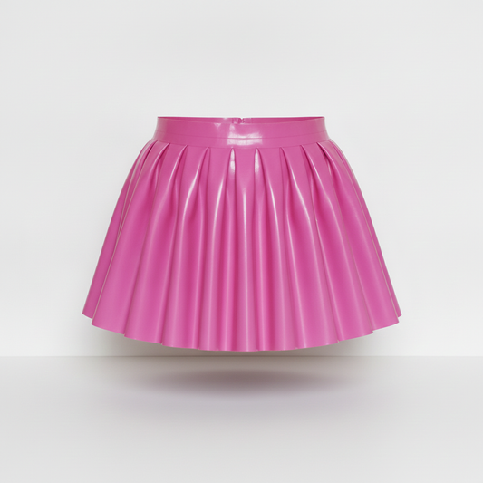 A bright pink pleated latex mini skirt, shown floating against a clean white background.