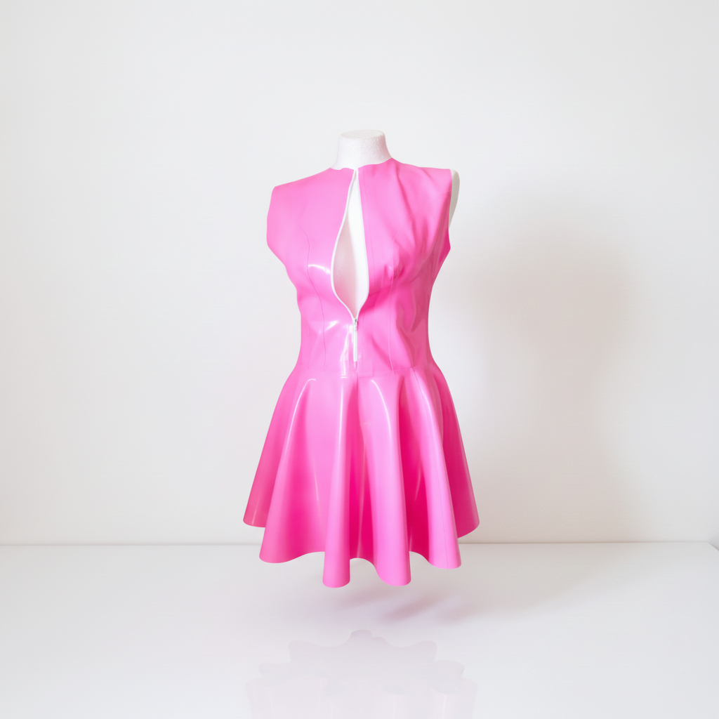 A bright pink sleeveless latex dress displayed on a white mannequin torso against a clean white background.