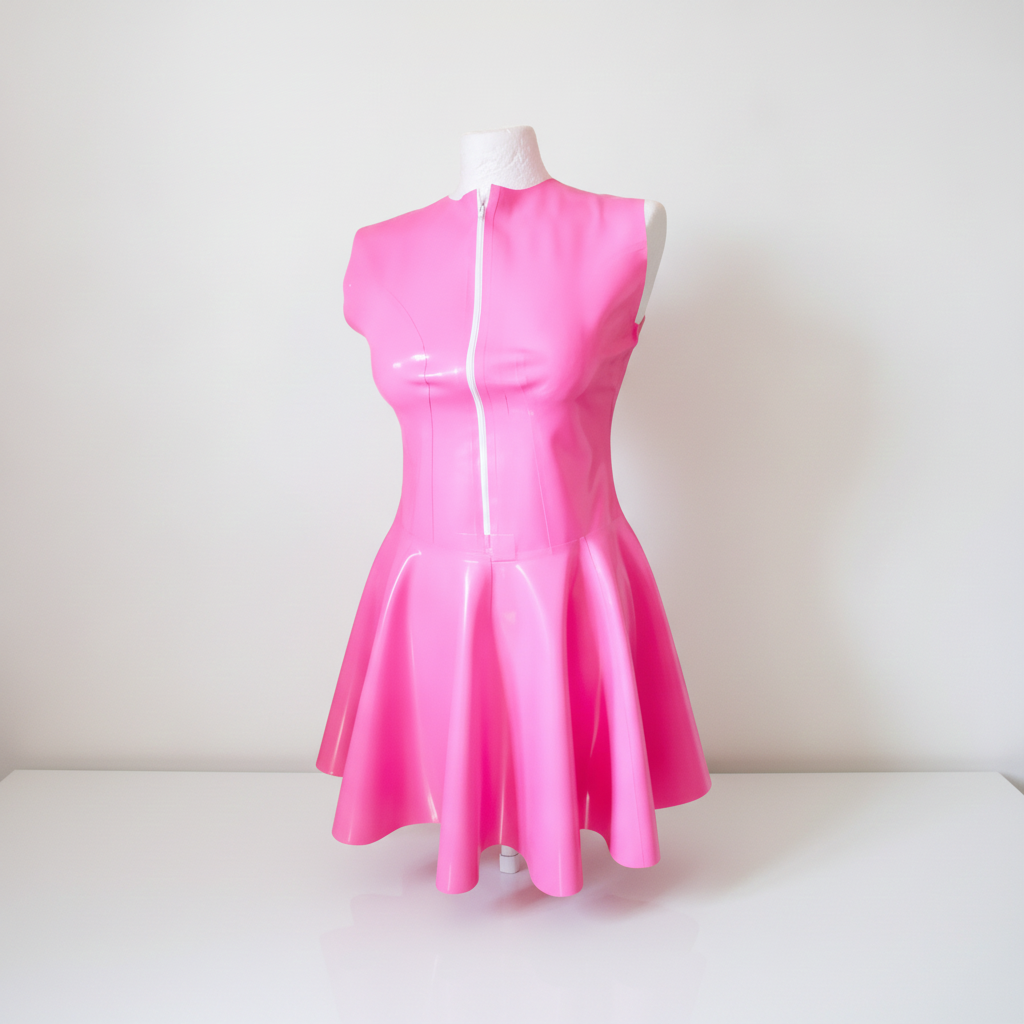 A bright pink sleeveless latex dress with a front zipper, displayed on a white mannequin torso against a plain white background.