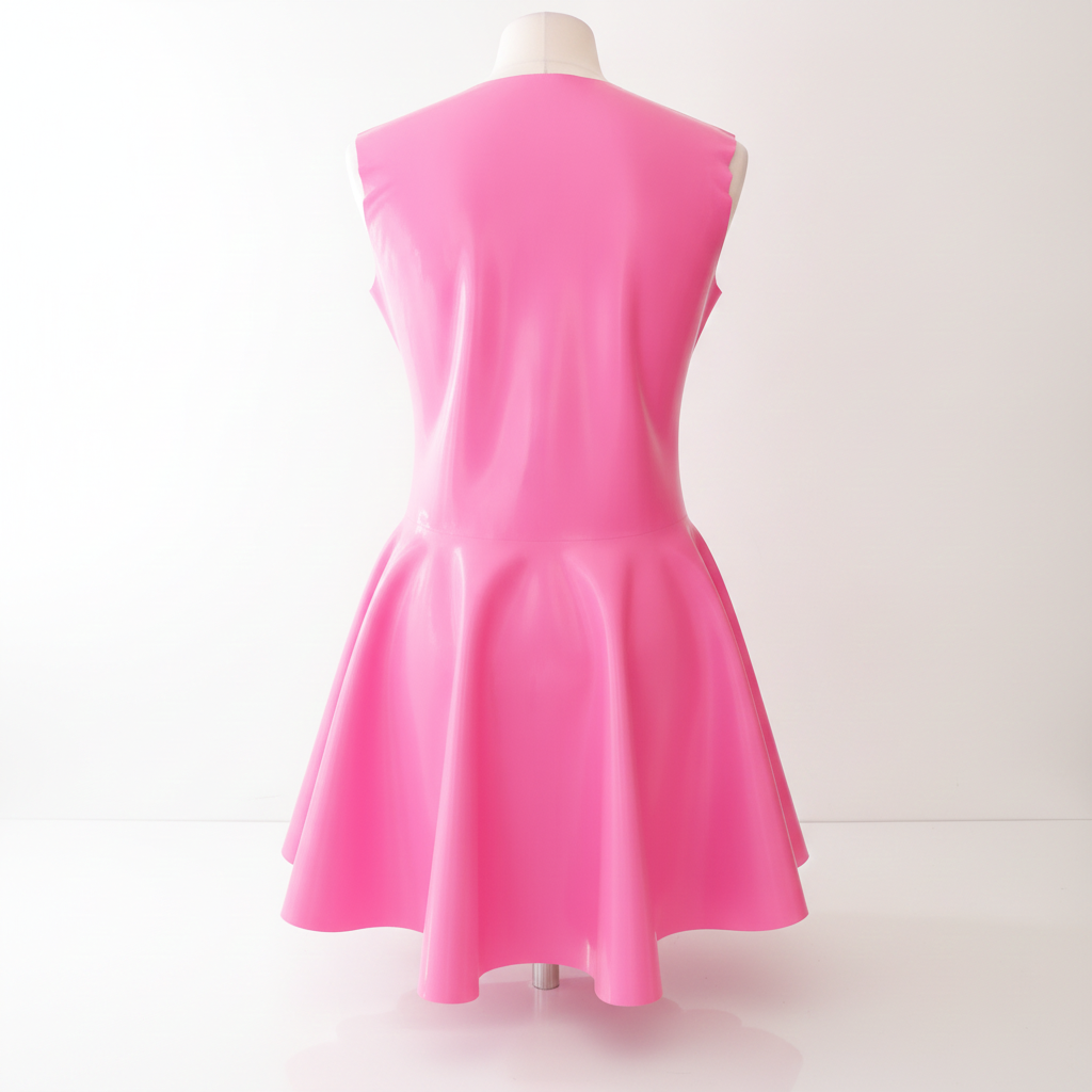 A bright pink sleeveless fit-and-flare dress displayed on a mannequin from the back, set against a clean white studio background.
