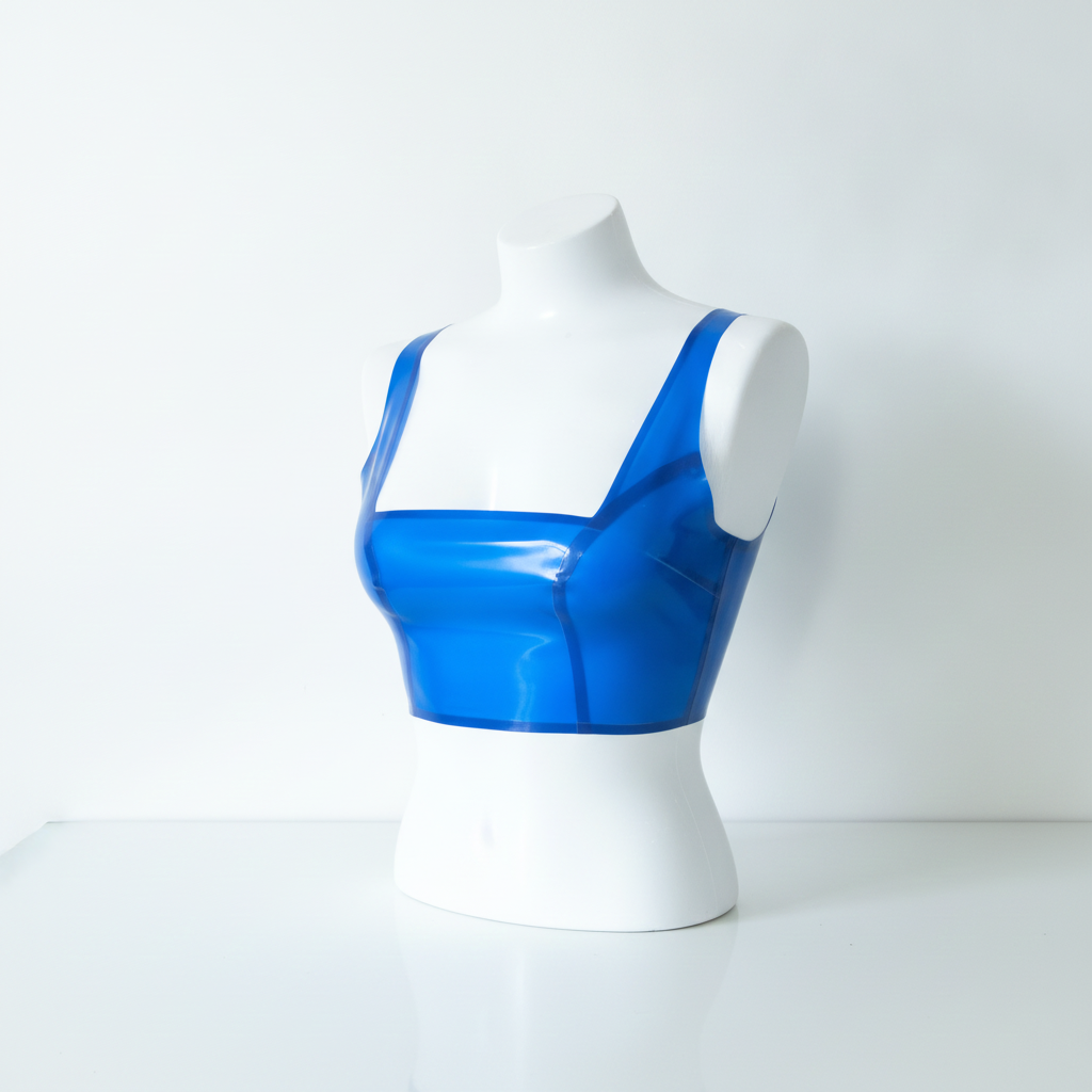 A translucent blue latex crop top with a square neckline. On a white mannequin.