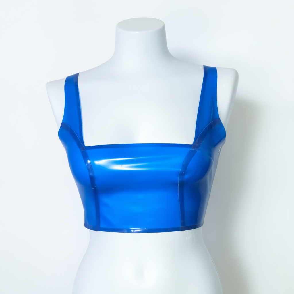 A translucent blue latex crop top with a square neckline. On a white mannequin.