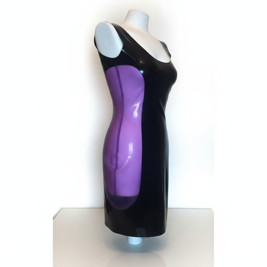 A glossy black latex sleeveless dress displayed on a white mannequin torso against a plain white background.
