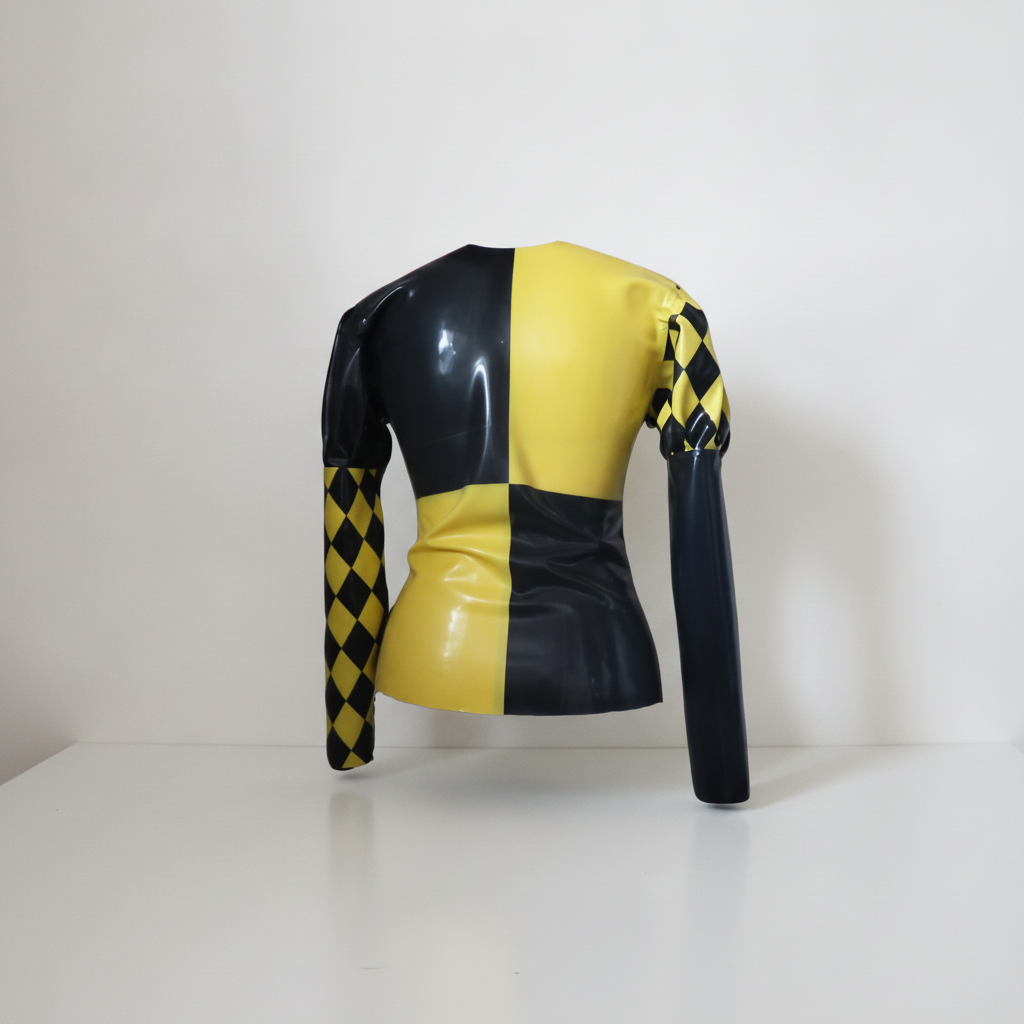 A glossy latex black and yellow asymmetrical long-sleeve top displayed on a headless mannequin torso against a plain white studio background.