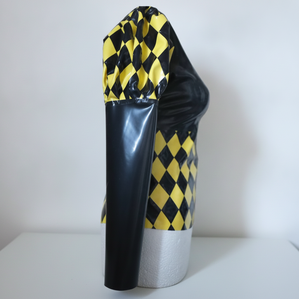 A black latex top with yellow and black harlequin diamond-patterned trim, displayed on a white Styrofoam mannequin torso against a plain white background.