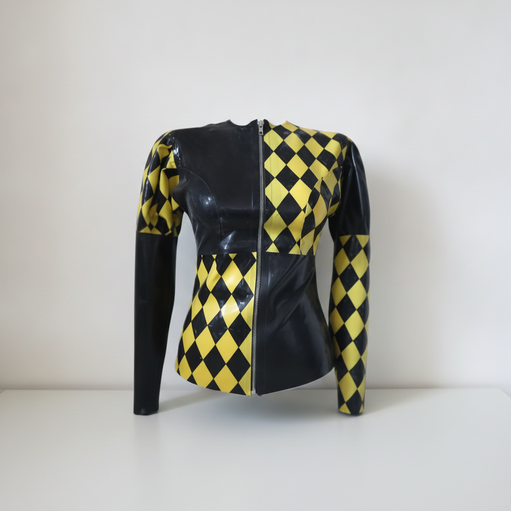 A long-sleeve latex jacket with a black and yellow harlequin diamond pattern on the sleeves and lower torso, and a solid black glossy finish on the upper chest and shoulders, displayed on a white mannequin torso against a plain white background.
