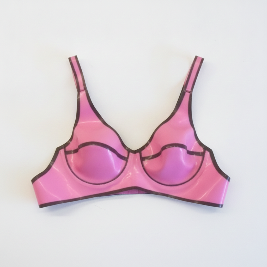 A pink latex bra with a black trim, laid flat on a white background.