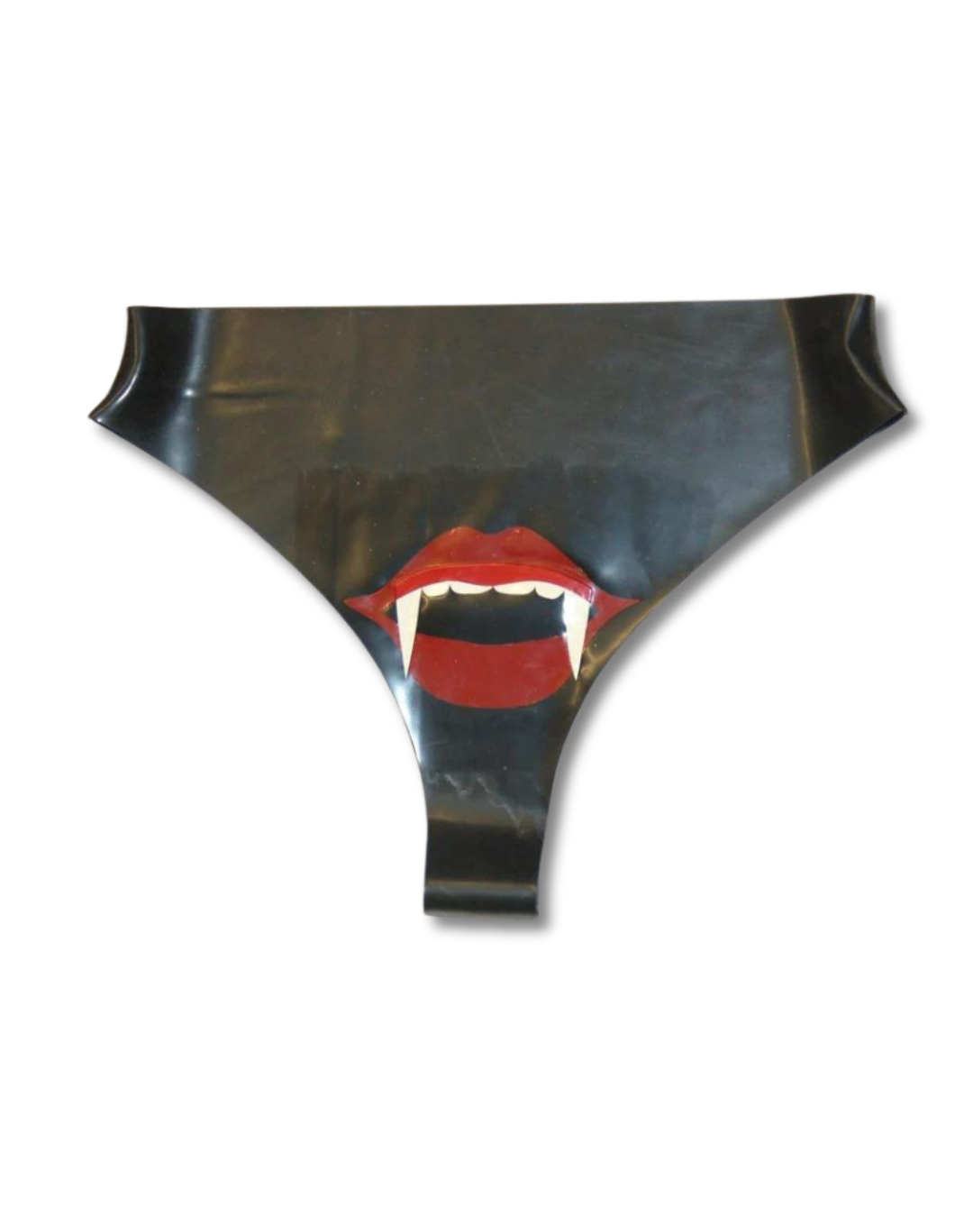 Black latex thong with a graphic of red lips and white fangs on the front, shown against a plain white background.